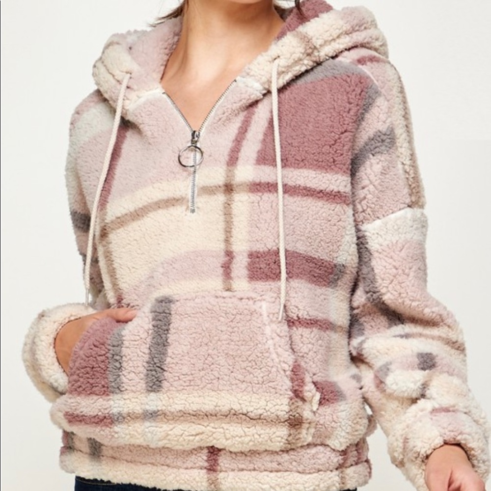 Reflex Sherpa Hoodie in Pink and Cream Plaid